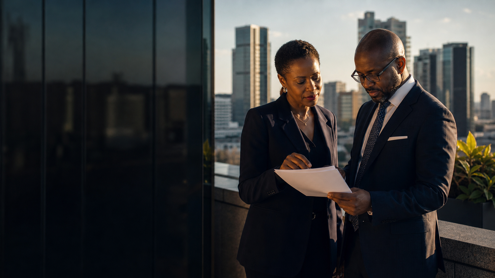 Two senior African advisers in conversation overlooking a city